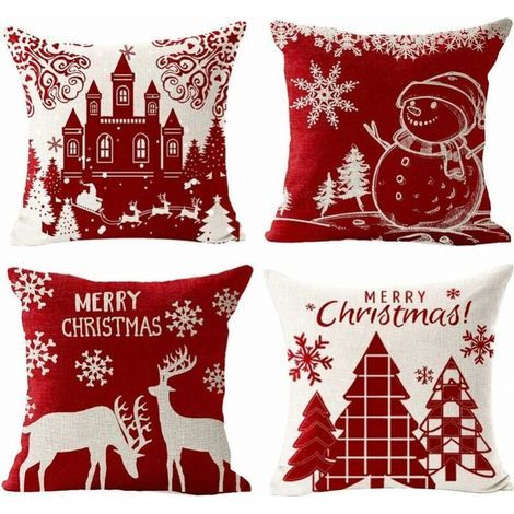 Fundas de cojín Feliz Navidad, juego de 4 en algodón y lino. Cojines decorativos de invierno con motivos de ciervo, castillo y muñeco de nieve para sofá, dormitorio y hogar. 45 x 45 cm. (1/5)