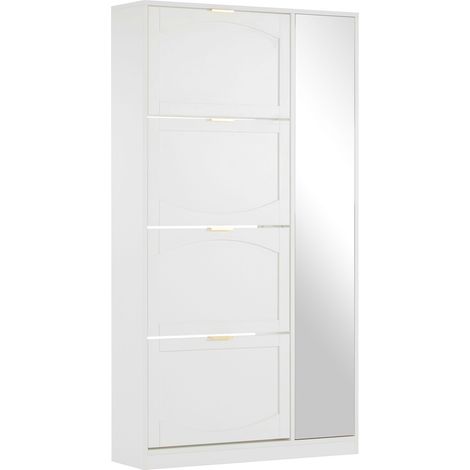 Armoire à chaussures moderne blanche avec miroir et 4 compartiments rabattables, étagère réglable, 80x147x24 cm (1/5)