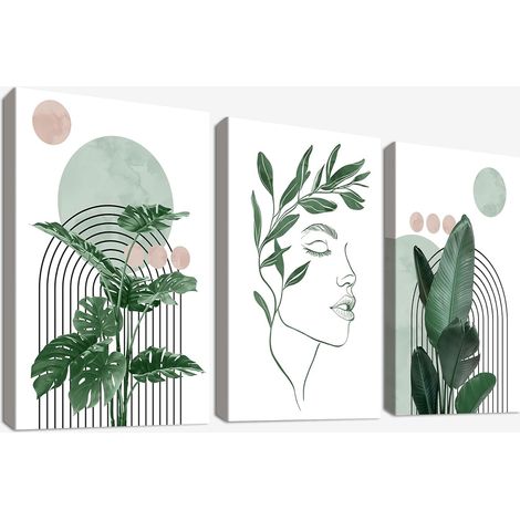 JSSEVN-3Pcs Cadre en Bois Impression sur Toile Bohémiennes Tableau Affiche Decoration Murale Plante Verte Esthétique Peinture Image Poster Mural 30x40cm (1/4)