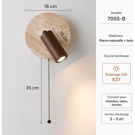 Applique murale wabi-sabi travertin jaune Modèle 04 spot bois de noyer à tirette LED lumière chaude 04 26 × 26 × 18 cm 2 g – Livraison gratuite