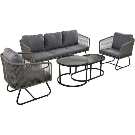 Garten-Lounge-Set mit Rahmen aus verzinktem Eisen, Gartenmöbel-Set aus Seil, graues Seil, verstellbare Füße, Tischplatte aus glattem Glas, 5er-Set, inklusive aller Sitz- und Rückenkissen