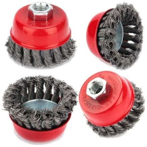 FENOPLASTICABrosse de nettoyage métallique, 4pcs brosse à treillis métallique M14 torsadé 75 mm pour meuleuse d'angle brosse coupe, dérouillage corrosion détournant la peinture (1/3)