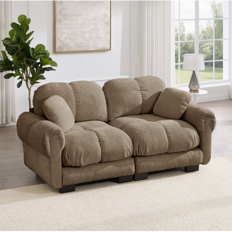 Divano a 2 posti 190x86x90 cm, seduta imbottita con cuciture trapuntate, schienale curvo, chenille marrone (1/5)