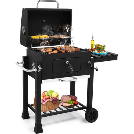 Barbecue au charbon de bois avec design à double chambre, chariot de barbecue mobile, fumoir entièrement en métal, pour jardin et terrasse, avec table d'appoint, grande (1/5)