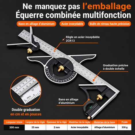 Équerre combinée multifonction modèle B 30 cm petit format en acier inoxydable 30cm 1 kg – Livraison gratuite