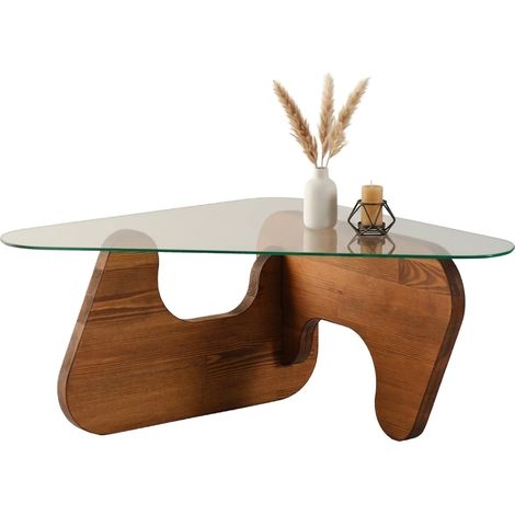 Mesa de Centro Volpiano, Forma Triangular, Tapa de Vidrio, Color Transparente, 86x66x36h cm Nogal Marrón