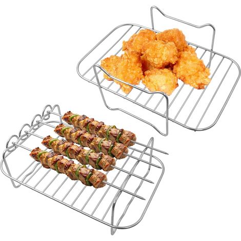 2 Pcs Grill Air Fryer Avec 4 Brochettes,Accessoires Air Fryer en Acier Inoxydable 304,Support pour friteuse Compatible Avec La Plupart Des Friteuses à Air AF300EU AF400EU (1/5)