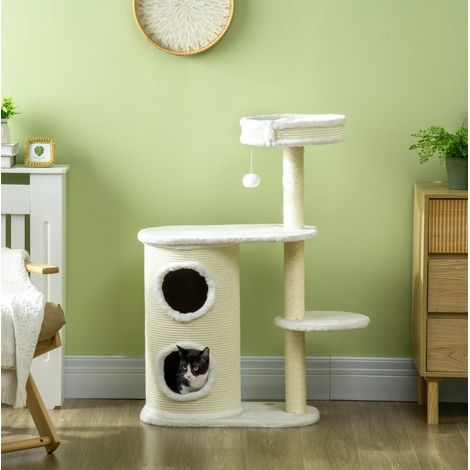 Arbre à chat avec tonneau griffoir, panier, jouet suspendu, 59 x 35 x 100 cm, blanc crème (1/5)