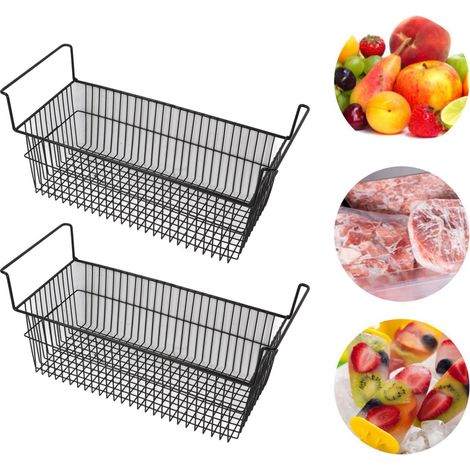Panier de rangement pour congélateur coffre - 2 paniers métalliques stackables noir L63xW27xH29cm (1/4)