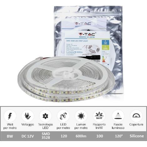 V-TAC Strip led smd 3528 5m 120D 12V IP65 striscia flessibile impermeabile per esterno luce bianca naturale calda VT-3528-120 Naturale (1/5)