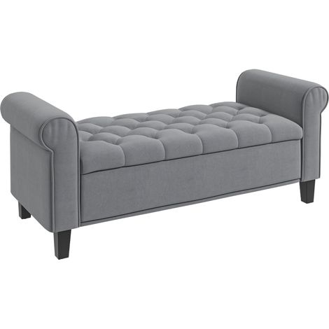 Panca Fondo Letto in Tessuto Vellutato con Spazio Portaoggetti e Braccioli, 126x48.5x57 cm, Grigio (1/5)