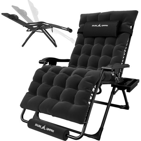 Transat pliable extra large 78cm avec porte-gobelet, coussin, dossier réglable, noir (1/5)