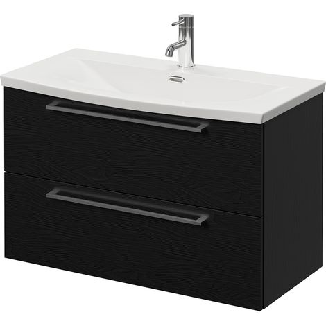 Napoli 390 Nero Oak 800mm Wall Mounted 2 Drawer Vanity Unit with Arc Basin - 800mm - Chrome 480mm Handle