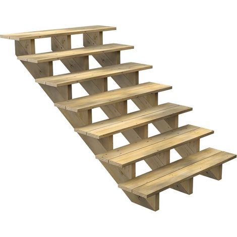 Escalier Bois Exterieur - 7 Marches - Largeur : 1m20 - Hauteur : 1m19 - Sans Contremarches - Pin du Nord - Traité Autoclave