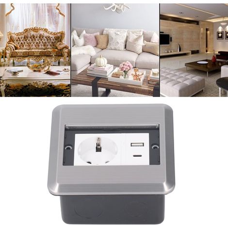 Bodensteckdose aus Edelstahl mit Klappe, zweipoliger europäischer Stecker mit USB-Anschluss und Typ-C-Anschluss, flächenbündig und verdeckt, AC250V. (1/5)