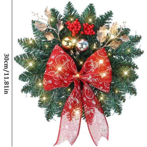 Couronne de Noël à LED Couronne de Noël éclairée avec lumières LED, boules à nœud rouge, fonctionne à piles, deco petits (1/4)