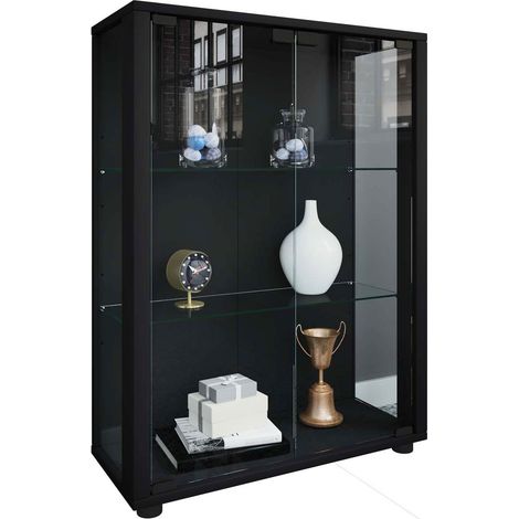 Ebuy24 – Vitrine de présentoir en verre de sécurité ESG 80x60x25 cm – Cadre imitation bois – Miroir arrière – Éclairage LED disponible (1/4)