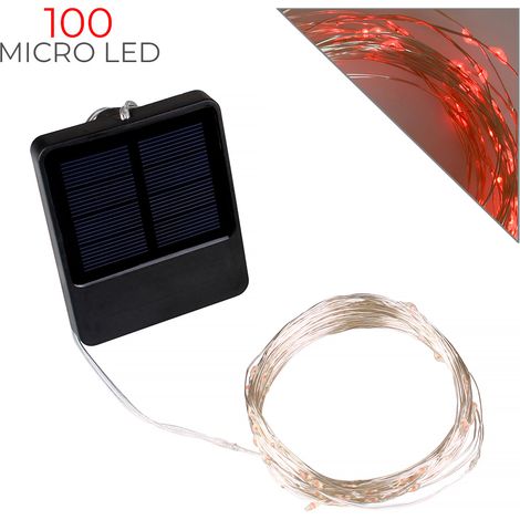 CATENA LUMINOSA SOLARE 10 METRI 100 MICRO LED ROSSI - CAVO FLESSIBILE ARGENTO PER DECORAZIONI NATALIZIE GIARDINI E INTERNI (1/5)