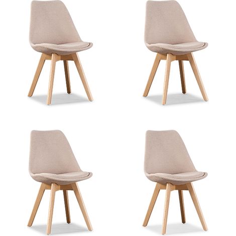 Designetsamaison – Lot de 4 chaises scandinaves en tissu beige – Structure en plastique renforcé – Pieds en bois – Hauteur d'assise 46 cm – Largeur 49 cm (1/2)