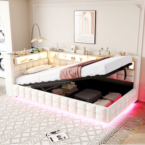 Sofá cama tapizado en terciopelo beige 90x200 cm con almacenaje hidráulico, estantes, LED, USB y somier de láminas (1/5)