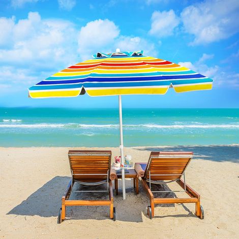 Costway – Parasol droit inclinable 2,2m avec porte-gobelet – Fixation pour sable – Protection UPF50+ – Portable pour extérieur (1/5)
