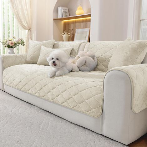 Thick Velvet Sofa Cover, Non-Slip Sofa Cover, Soft and Comfortable, Suitable for 1/2/3/4 Seater Sofas and Sofas with Chaise Lounge Section (Beige, 70 x 90 cm) (1/5)