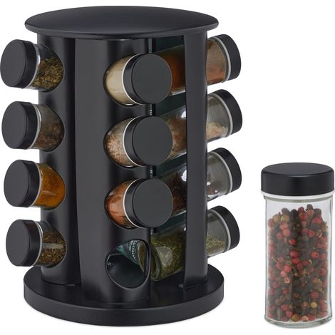 Tourniquet à épices avec 16 Pots en Verre, Rotatif, Embouts tamiseur, remplir, pour la Cuisine, Noir (1/5)