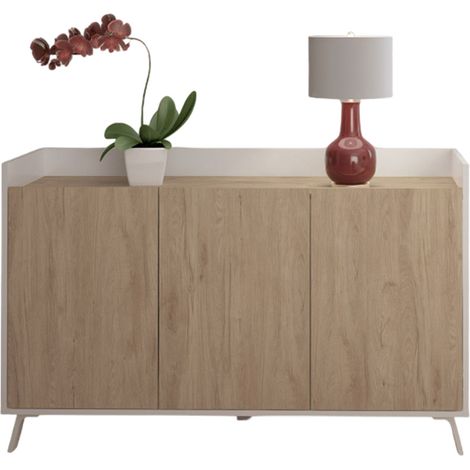 Buffet, meuble de rangement avec 3 portes coloris blanc, chêne - Hauteur 87 x Longueur 140 x profondeur 40 cm (1/3)