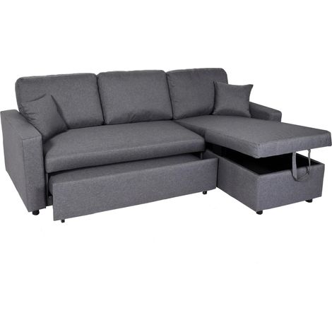 Canapé d’angle convertible 228 cm avec couchage 200 x 140 cm coffre de rangement forme L tissu gris foncé structure bois 040010439 (1/5)