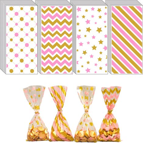 Sac Cellophane Bonbon - 27 x 13 cm - Motifs Rayures Points - Avec Cordelettes Dorées - 50 Pièces (1/5)