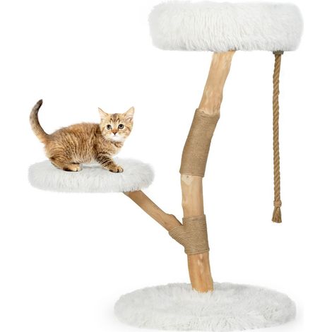 Tiragraffi a torre 50 x 90 cm con trespolo stabile 3 livelli tessuto di peluche bianco legno di pero naturale 200018593
