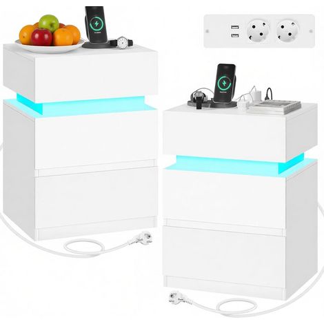 Lot de 2 tables de chevet LED avec station de charge, 2 prises, 2 USB, tiroirs et rangement, bois blanc, télécommande Bluetooth, pour chambre et salon - CHICFURN (1/5)