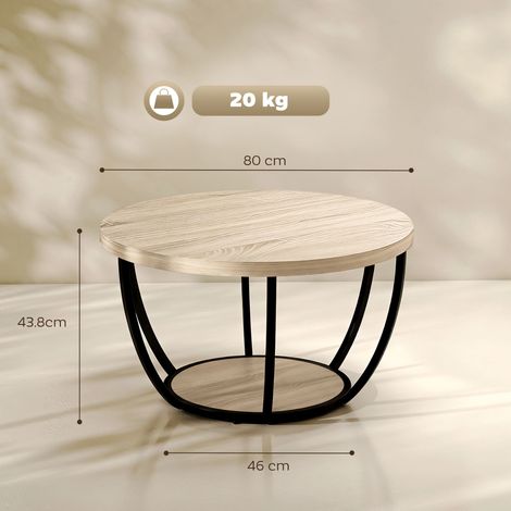 Table basse ronde avec deux étagères de rangement, pieds en métal, bords arrondis, bois de chêne et finition noire. (1/5)