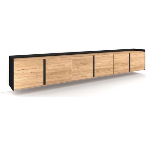 Skraut Home - Meuble TV, Banc Télé, Grand espace de Rangement, 309x35x50 cm, Pour les TV jusqu'à 80", Suspendu, Mural, Style moderne, Chêne et noir (1/5)