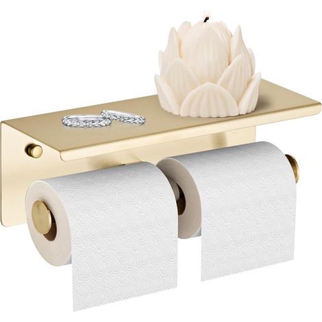 Porte-papier toilette double pour smartphone avec étagère dorée brossée, en acier inoxydable SUS 304 à double tête pour salle de bain - Support de rangement mural en tissu (or brossé) (1/5)