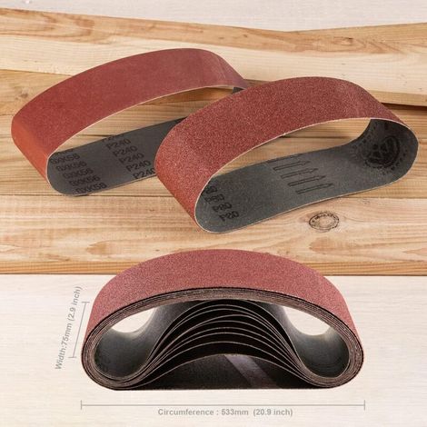 Accessories Set de 9 abrasifs pour Ponceuse à bande 75 x 533 mm Grains 3 X 60 + 3 x 80 + 3 x 100 (1/4)