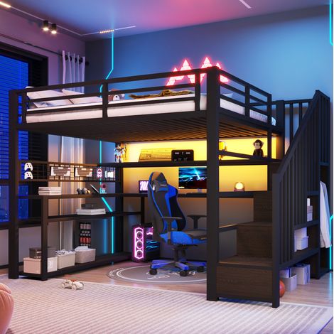 DESVIAE Lit mezzanine 140 x 200 en métal avec LED bureau armoire rangement noir (1/5)
