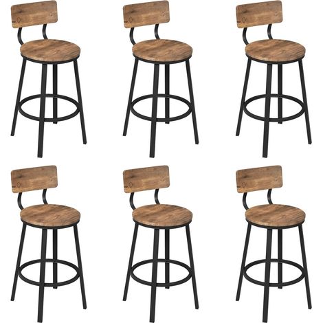 WOLTU Set di 6 Sgabelli da Bar con Schienale in Stile Industriale Vintage con Poggiapiedi Forma Rotonda, Marrone rustico