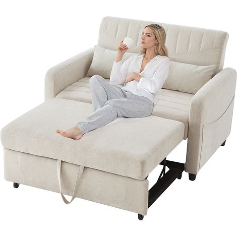 Convertible Sofa 2 Plätze aus Baumwoll-Linen mit Einstellbare Rückenlehne 3 Positionen und 2 Multifunktionale Kissen, Beige (1/5)