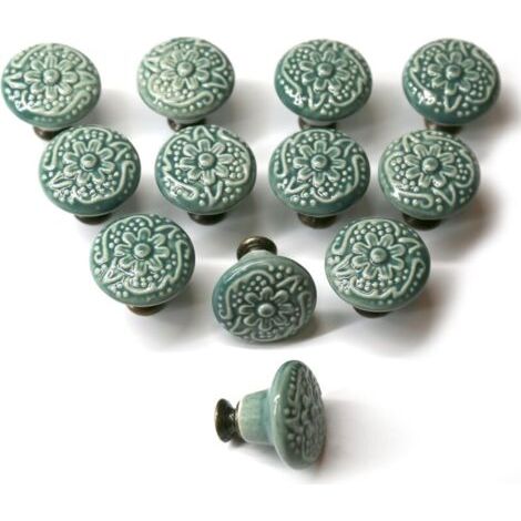 BUNTHAUS (vert) Lot de 12 boutons d'armoire vintage avec poignées rondes en céramique de 34 mm, poignées pour meubles vintage ronds pour maison, adaptées (1/5)