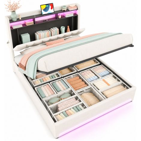 CHICFURN lit coffre rembourre en velours beige avec tete de lit de rangement eclairage LED et ports USB Type C 160 x 200 (1/5)