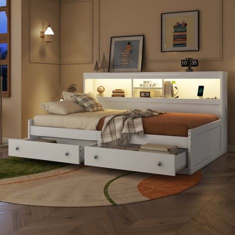 Lit de jour 90×200 cm blanc,chevet,2 USB+prises,LED ambiance,2 tiroirs,cadre à lattes sans matelas