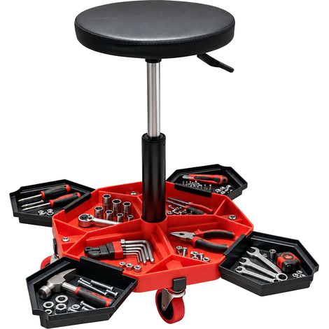 Relaxdays Werkstatthocker, Rollen, höhenverstellbar, Montagehocker, 136kg, HBT 54x43x43cm, 4 Fächer, Metall, schwarz-rot (1/5)