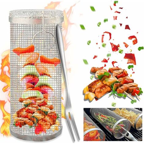 Panier à griller pour barbecue, panier à griller de 30 cm de haut, panier à griller en acier inoxydable, panier à griller à roulettes, panier à griller cylindrique, panier à griller pour barbecue (1/5)