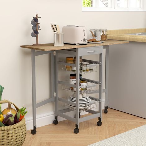 Chariot de cuisine pliable à 6 roues, 1 tiroir et 3 paniers métalliques, 97,2 x 37 x 77,5 cm, gris et chêne (1/5)