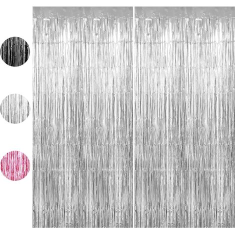 2 Rideau à franges, Métallique, Papier d'aluminium, 100x200cm, Argent Rose Noir, Anniversaire Fête