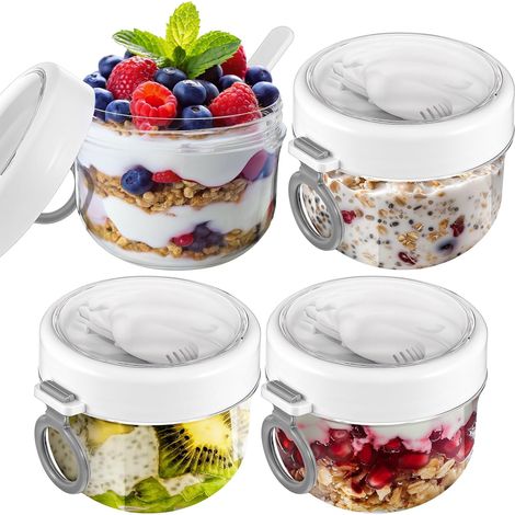 Lot de 4 pots pour flocons d'avoine (y compris couvercle et cuillère), grands pots en plastique de 20 onces pour flocons d'avoine, pots de yaourt scellables, adaptés pour conserver le lait, les fruits (1/5)
