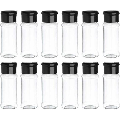Ein Set aus 12 Kunststoff-Gewürzdosen mit Deckel, jeweils mit einem Fassungsvermögen von 100 ml, geeignet für die Aufbewahrung von Kräutern, Gewürzen, Pfeffer, Salz usw. (1/5)