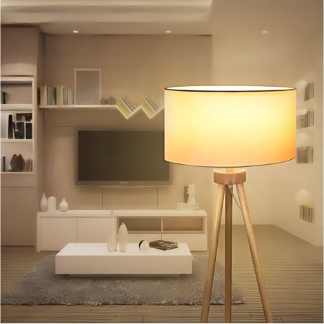 Lampadaire de sol trépied bois style nordique, douille E27, éclairage naturel pour salon chambre (1/3)