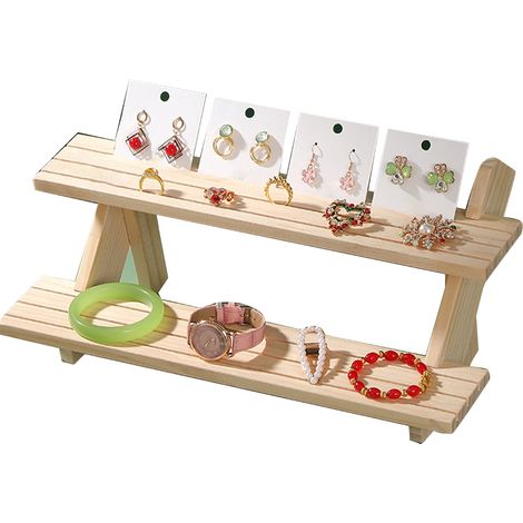 Présentoir en bois 2 niveaux pour bijoux, figurines, maquillage, étagère de présentation polyvalente (1/5)
